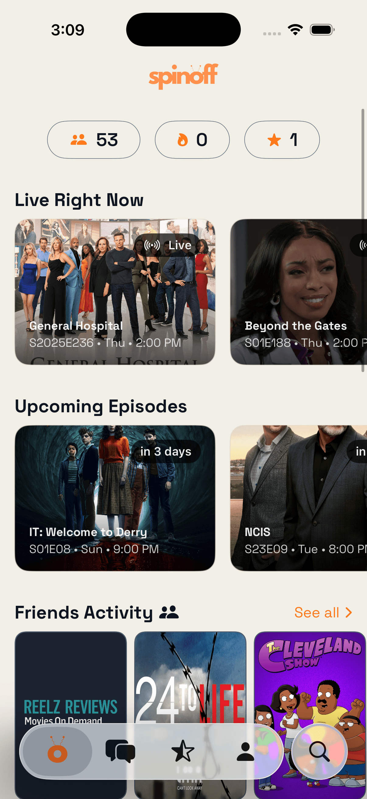 Home screen showing what friends are watching